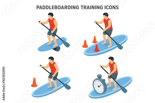 Paddleboarding training vector icons set. Isometric illustrations of paddleboard drills, balance exercises, agility cones, time trial, fitness workout, watersport activity, athlete skill practice