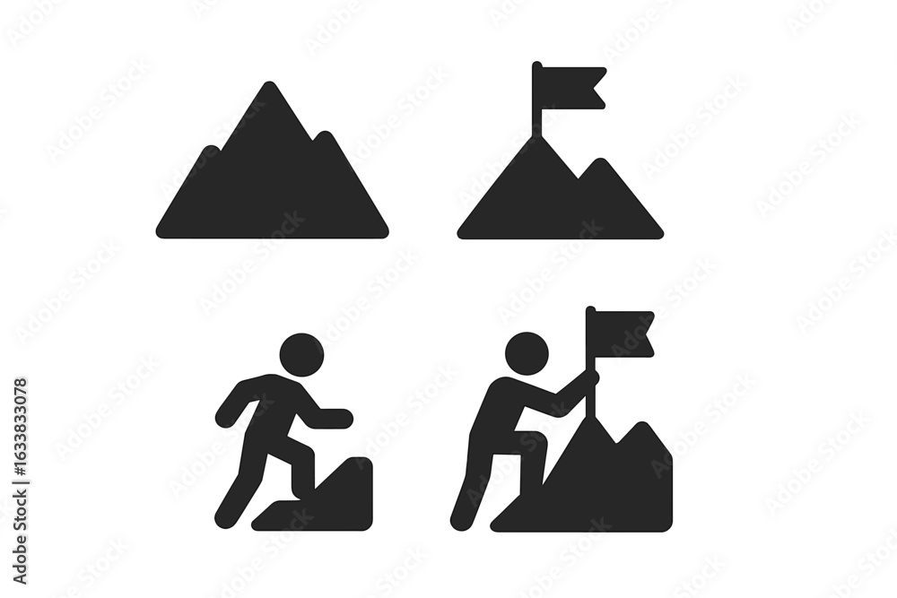 Obraz premium Achievement and Persistence Icon Set. Concept of Reaching Goals. Mountain Peak, Flag on Summit, Climber, Success, Ambition, Accomplishment, Motivation Symbols. Vector Illustration Isolated