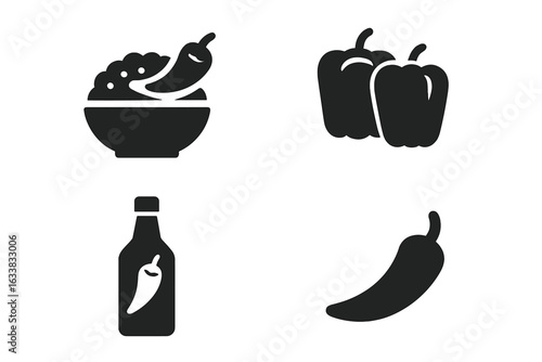 International Pepper Dishes Solid Icon Set, Filled Vector Illustration of Chili con Carne, Stuffed Bell Peppers, Hot Sauce Bottle, Spicy Food Ingredients, Culinary Icons Collection