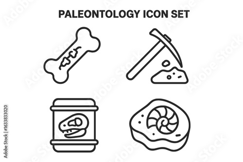 Paleontology outline icon set, fossil bone, excavation pickaxe, plaster jacket, ammonite fossil, dinosaur skeleton, archeology tools, prehistoric discovery, vector illustration, science, museum