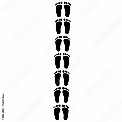 Footprints of a pair of human feet walking barefoot on a white background. Silhouette of footprints.