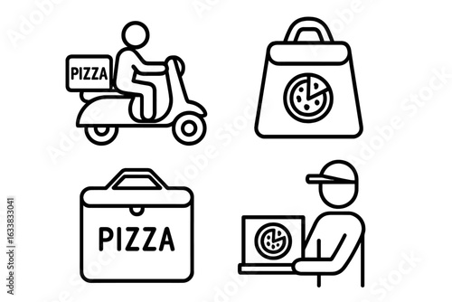 Pizza Delivery Vector Icons Set. Outline collection of fast food courier on scooter, insulated pizza delivery bag, pizza transport box, courier handing pizza box. Restaurant food service illustration.