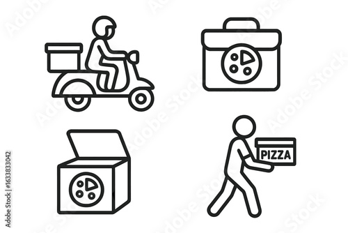 Pizza delivery safety icons vector set. Outline style pizza box with tamper-evident seal, sanitize wipe, hygiene glove, delivery scooter, courier carrying pizza, food safety packaging concept.