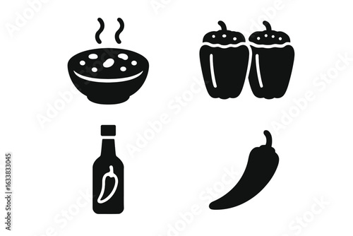Spicy Pepper Cuisine Icons Set. Solid food silhouettes. International chili dishes, Mexican chili con carne, stuffed peppers, hot sauce bottle, chili pepper illustration. Black vector on white.
