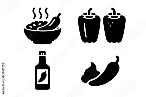 Spicy Pepper Food Icons Set. Solid Vector Design of International Chili Dishes, Hot Sauce Bottle, Stuffed Bell Peppers, Chili Con Carne, Spicy Cuisine Symbols for Restaurant Menu, Culinary Concepts