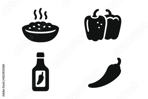 Spicy Pepper Food Icons Set. Chili con Carne Bowl, Stuffed Bell Peppers, Hot Sauce Bottle, Whole Chili. Black Solid Silhouette International Cuisine Vector Pack. Culinary Ingredient Collection