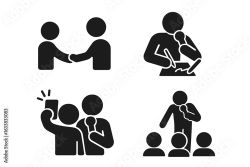 Performer Audience Interaction Icons Set. Solid Vector Illustrations of Handshake, Autograph Signing, Selfie, Public Speaking. Celebrity Meet and Greet, Fan Engagement, Event Communication Concepts