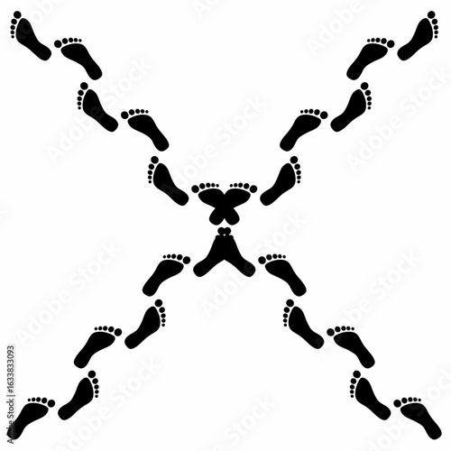 Vector footprints of a human walking barefoot with crisscrossing paths on a white background. Footprint silhouette.
