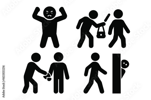Personal Safety and Crime Prevention Vector Icons. Aggressive Person, Mugging, Pickpocketing, Stalking. Solid Silhouette Set. Urban Security Threats Concepts. Human Pictograms for Awareness Design
