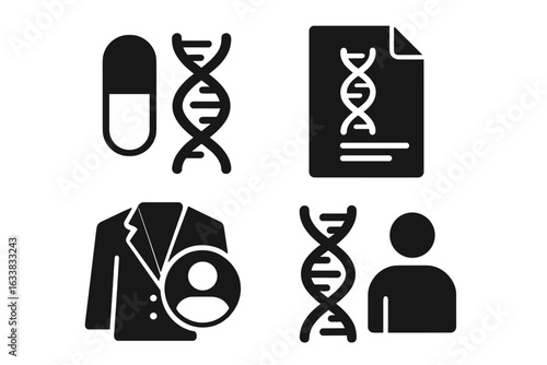Personalized medicine genomics icons set. Solid vector symbols of DNA, genetic testing, custom medication, genomic healthcare, tailored patient treatment, personalized medicine concepts illustration