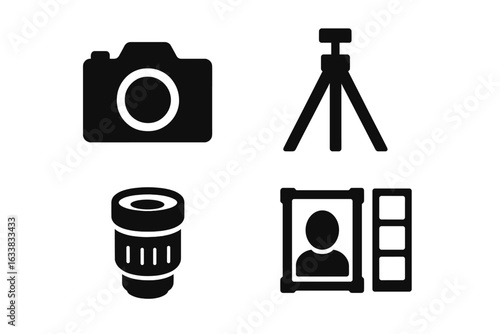 Photography icon set solid style, camera, tripod, lens, portrait frame, photo strip vector collection. Modern photography exhibition icons for posters, display, equipment, digital print, photo studio.