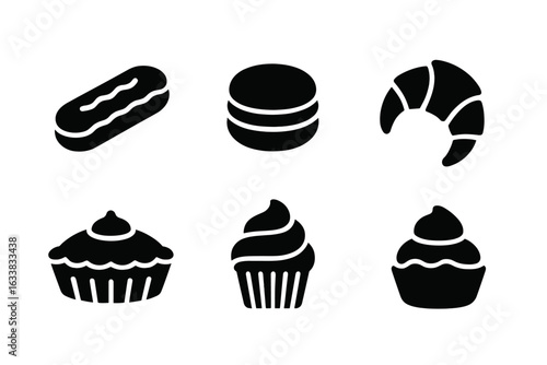 Solid Pastry Icon Set. Black Silhouette French Bakery Icons. Eclair, Macaron, Croissant, Tart, Cupcake, Cream Puff, Profiterole. Gourmet Pastries Vector Isolated. Modern Dessert Symbols.
