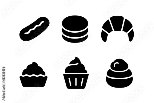 Solid filled pastry icon set – gourmet French and European bakery desserts including éclair, macaron, croissant, tart, cupcake, cream puff, profiterole – vector illustration, black silhouette graphic