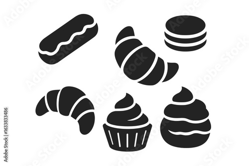 Black Solid Pastry Icon Set. French Croissant, Eclair, Macaron, Cupcake, Cream Puff, Profiterole. Bakery Dessert Silhouette Collection. Patisserie Symbols for Cafe, Menu, Food Packaging, Vector Art.