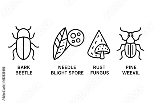Pine Tree Pest and Disease Outline Icon Set. Bark Beetle, Needle Blight Spore, Rust Fungus, Pine Weevil. Forest Infestation, Tree Health Threats, Forestry Pests, Insect and Fungal Damage Vector