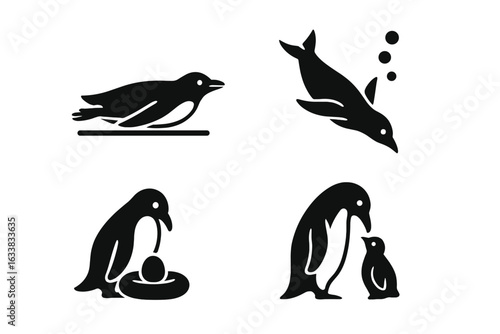 Penguin behavior vector icons set. Solid silhouette illustrations of penguins sliding on ice, diving underwater, nesting with egg, feeding chick. Wildlife animal actions, Antarctic nature concept