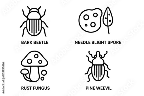 Pine Tree Pest and Disease Vector Icons Set. Outline Illustrations of Bark Beetle, Needle Blight Spore, Rust Fungus, Pine Weevil. Forest Pest Control, Plant Disease, Tree Pathogen Concepts