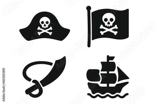 Pirate Icons Set. Bold black silhouette vector illustrations of pirate hat with skull crossbones, Jolly Roger flag, cutlass sword, pirate ship. Treasure hunt symbols. Adventure, sea, sailing concept.