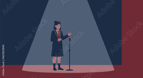 Confident Young Woman Giving A Speech On Stage Under A Spotlight Presentation