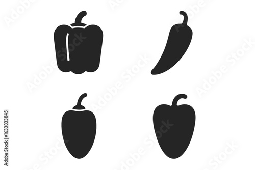 Black Pepper Vegetable Icon Set. Bell Pepper, Chili, Jalapeño, Habanero, Cayenne, Poblano. Spicy and Sweet Peppers Vector Illustration. Solid Silhouette Collection Isolated on Transparent Background