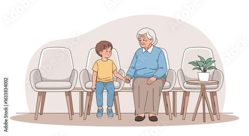 Connecting Generations A Boy Comforts His Grandmother In The Waiting Room