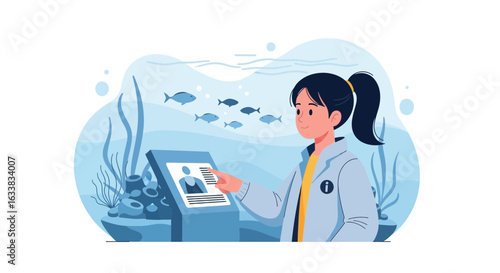 Curious Young Woman Interacting With An Interactive Aquarium Exhibit Information Display