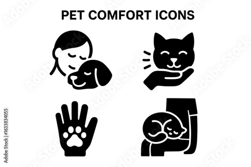 Pet comfort icons set. Solid black vector symbols depicting human animal bond, dog cuddle, cat purring, petting, animal paw handprint, curled-up pet on lap. Pet care love emotional support concept.