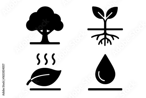 Plant Water Cycle Solid Icons Set. Black Silhouette Vector for Tree Canopy, Roots, Leaf Evaporation, Dew Drop. Plant Growth, Hydration, Transpiration, Absorption. Nature, Ecology, Environment Concept.