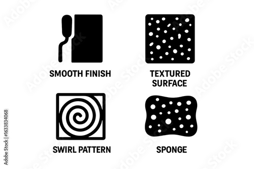 Plastering finishes icons set. Solid black graphic collection of wall surface textures. Smooth finish, textured surface, swirl pattern, sponge effect. Interior decor, construction symbols vector