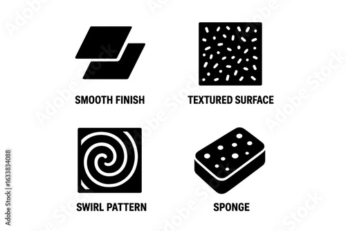 Plastering Finishes Vector Icon Set. Smooth Finish, Textured Surface, Swirl Pattern, Sponge Symbols. Solid Black Construction Wall Texture Plaster Icons. Building Material Design Elements Isolated