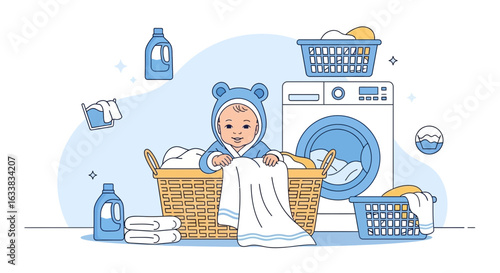 Cute Baby In Laundry Basket Enjoying Freshly Washed Clean Clothes