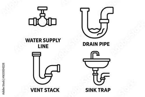 Plumbing and Piping Icons Set. Outline Water Supply Line, Drain Pipe, Vent Stack, Sink Trap Symbols. Black Line Vector Illustration for Plumbing System, Bathroom and Kitchen Repair, Home Maintenance