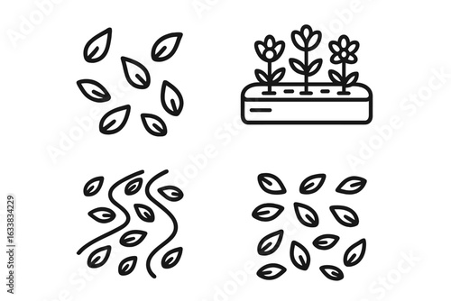 Petal icon collection outline set. Garden bed floral symbols, scattered petals, flower bed, petal arrangement, garden path with petals, spring decoration. Botanical vector illustration.