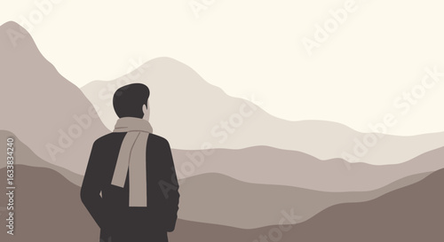 Contemplative Figure Gazing At Mountainous Landscape In Muted Tones