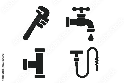 Plumbing Repair Tool Vector Icons Set. Solid Black Filled Symbols of Adjustable Pipe Wrench, Dripping Water Tap Faucet, Pipe Connector, Plumber Drain Snake. Home Maintenance Equipment Illustration.