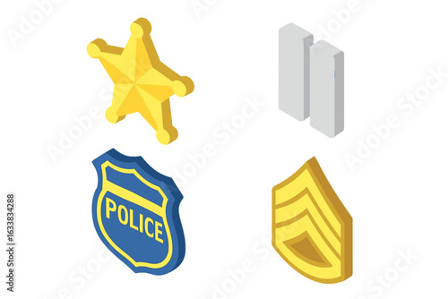 Isometric Vector Icons Set of Police Rank Insignia and Badges with Sheriff Star, Captain Bars, Sergeant Stripes, Police Shield for Law Enforcement, Security Service, Officer Authority Symbols