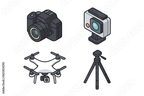 Isometric Photography Gear Equipment Icons Set. Vector Illustration of DSLR Camera, Action Camera, Drone with Camera, Tripod Stand. Modern Digital Photo and Video Technology Devices Collection.