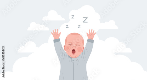 Cute Baby Yawning With Raised Arms Surrounded by Cloud and Sleep Symbol