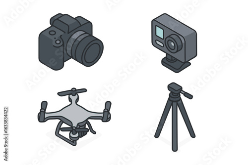 Isometric Photography Equipment Icon Set. DSLR Camera, Action Cam, Drone Quadcopter, Tripod. Vector Illustration. Modern Flat Style. Professional Filmmaking, Media, Content Creation, Technology Tools
