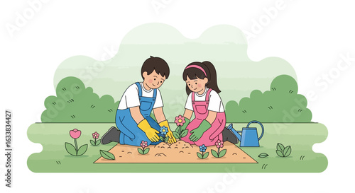 Cheerful Children Planting Flowers Together in Their Home Garden Illustration