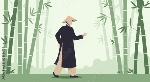 Contemplative Wanderer Strolling Through Tranquil Green Bamboo Grove in East Asia