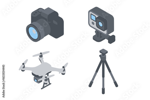 Modern photography equipment isometric vector icons set. DSLR camera, action camera, quadcopter drone, tripod. Professional digital photo and video gear, creative media tools illustration.