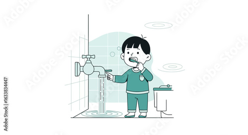Cute Boy Brushing His Teeth In The Bathroom During Morning Routine