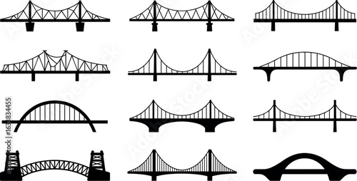 Collection of diverse bridge silhouettes showcasing various architectural designs and engineering styles