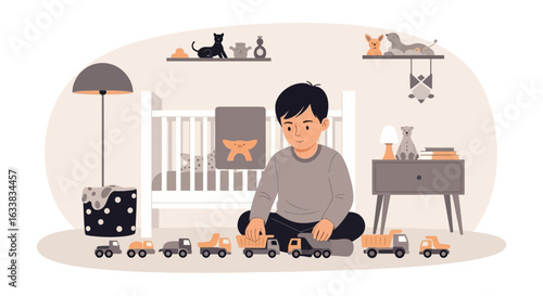 Cute Boy Playing With Toy Trucks In Nursery Room Illustration