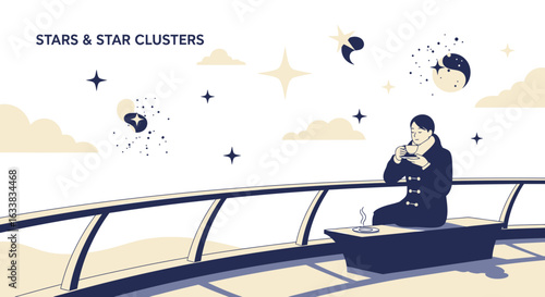 Contemplative Woman Enjoying A Hot Beverage Underneath Starry Sky Concept