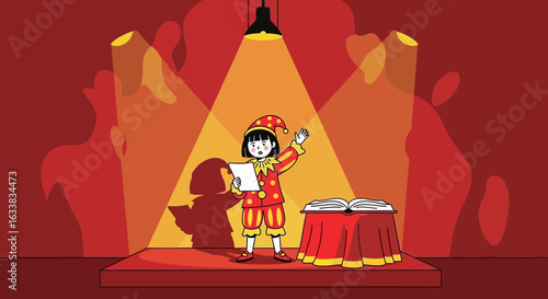 Cute Character Performer on Stage Acting in a Play with a Book