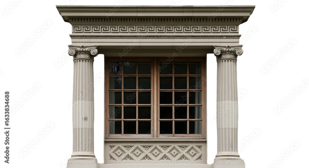 Obraz premium Vertical vintage windows with ornate wooden frames displayed against a light background. Each window showcases unique classical architectural details. 