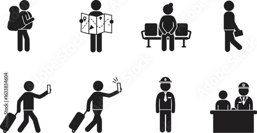 Collection of black and white stick figure icons depicting travel and service luggage