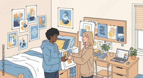 Cheerful College Roommates Sharing Artwork In Their Cozy Student Housing